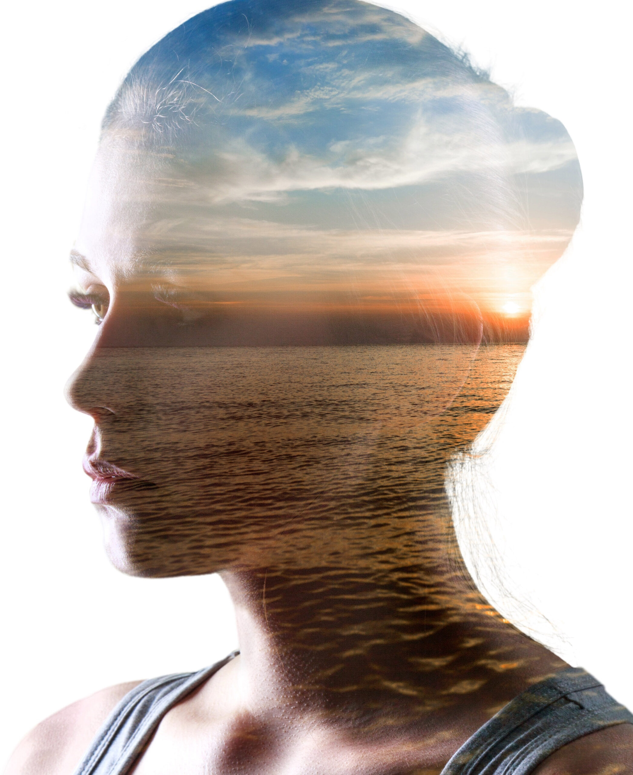 Psychoanalysis and meditation, concept. Profile of a young woman